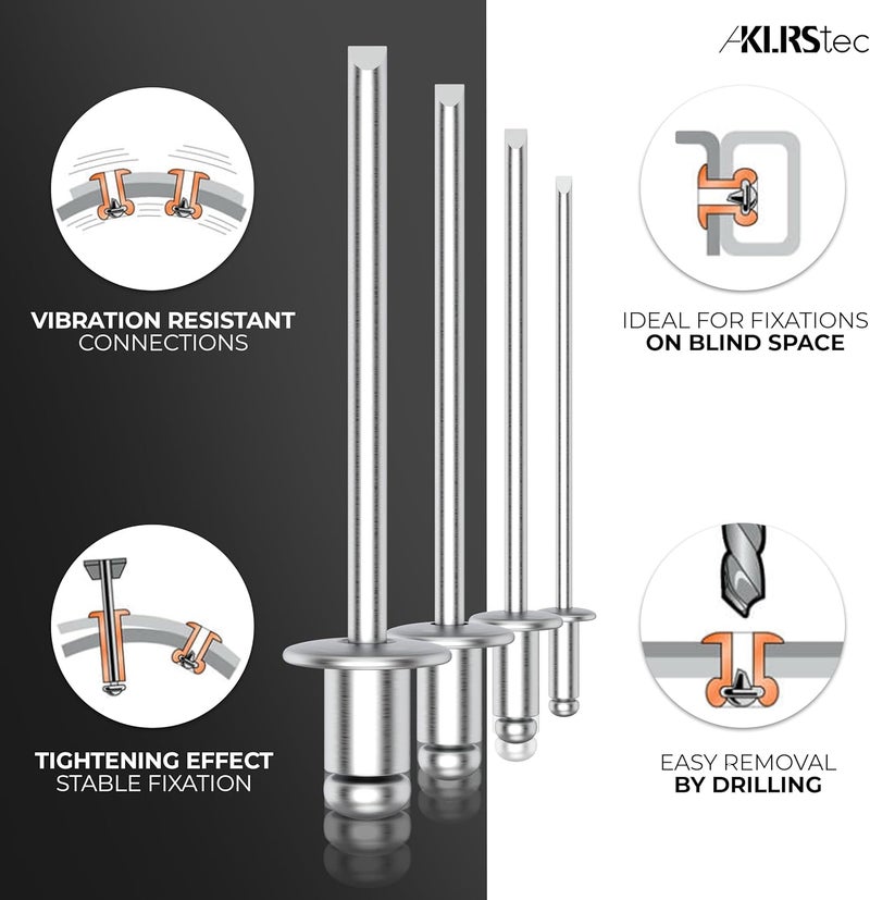 KLRStec Professional Pop Rivets Assortment Kit [500pcs] Aluminum Rivets for Rivet Guns 125pcs Each Size (3/64“ 1/8“ 5/32“ 3/16“) - Image 3